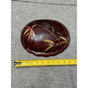 Vintage 1970s Ceramic Wall Hanging Vase Bamboo Design Brown Orange Oval Shape